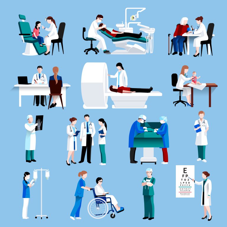 Medical doctor and nurse patients treatments and examination flat pictograms with healthcare symbols abstract isolated vector illustration